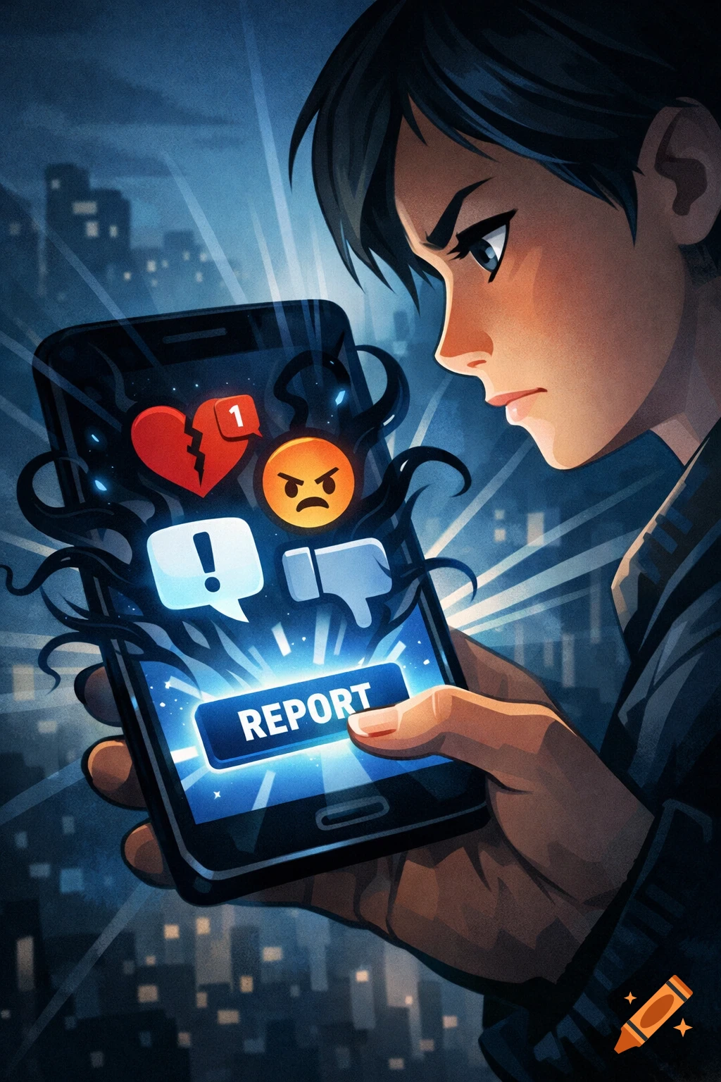 An anime-style illustration of a person looking at a smartphone displaying a 'REPORT' button and negative social media icons.