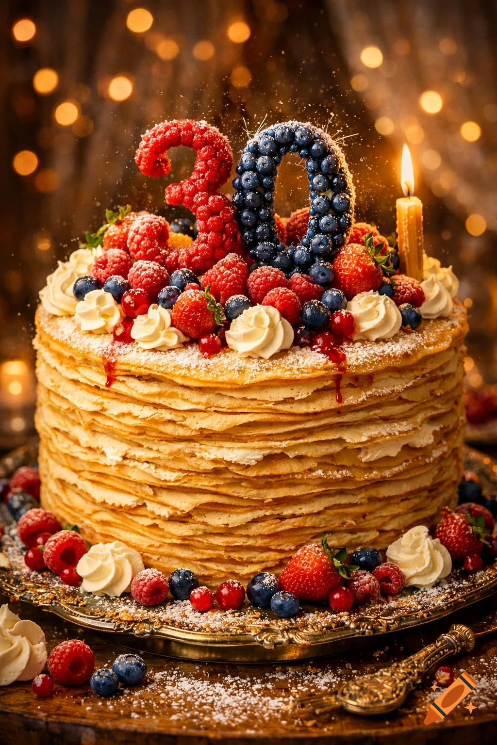 A beautifully decorated crepe cake for a 30th birthday, topped with berries, whipped cream, powdered sugar, and a lit candle.