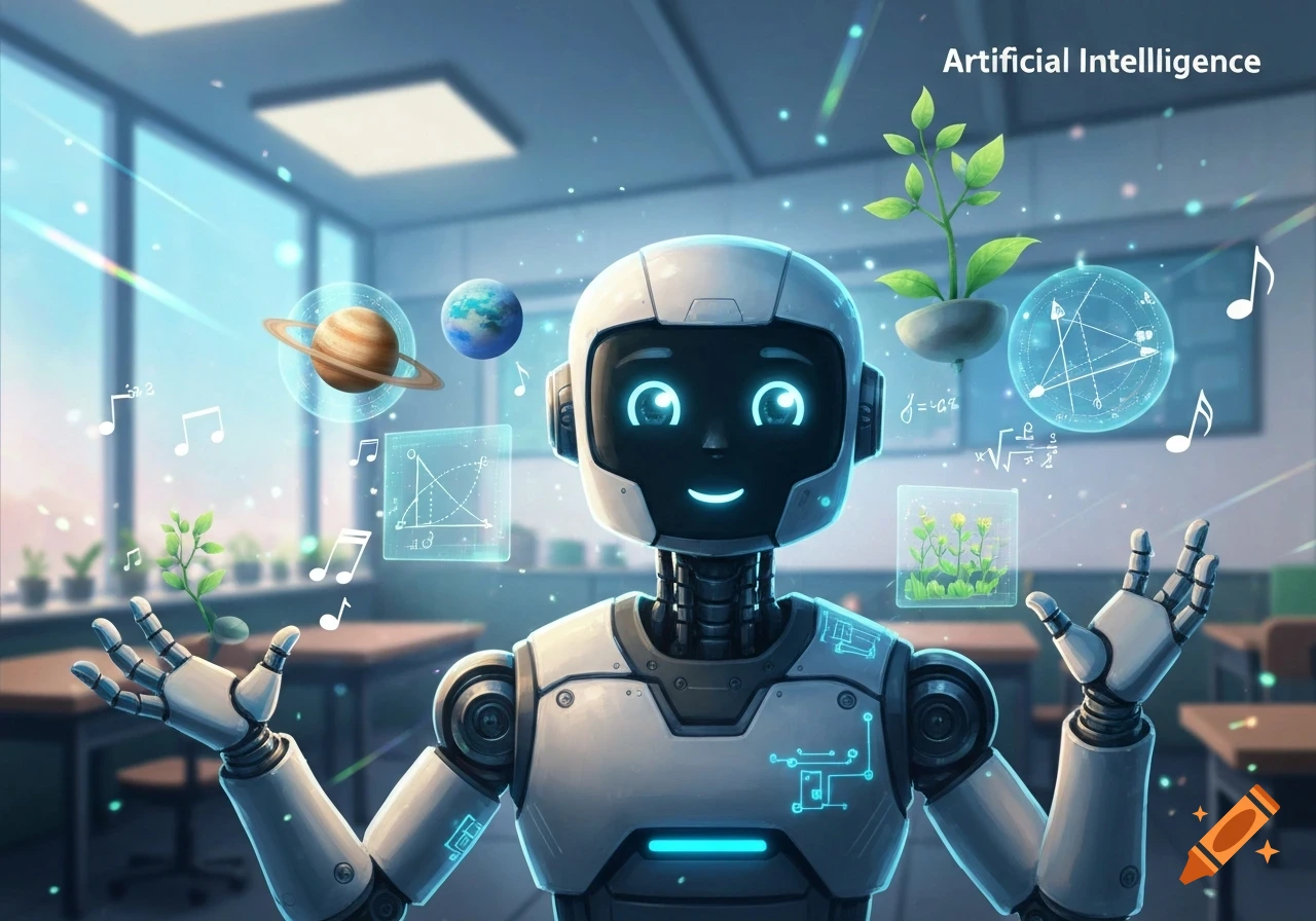 Friendly robot in a classroom, surrounded by glowing planets, plants, music notes, math formulas, and text 'Artificial Intelligence'.