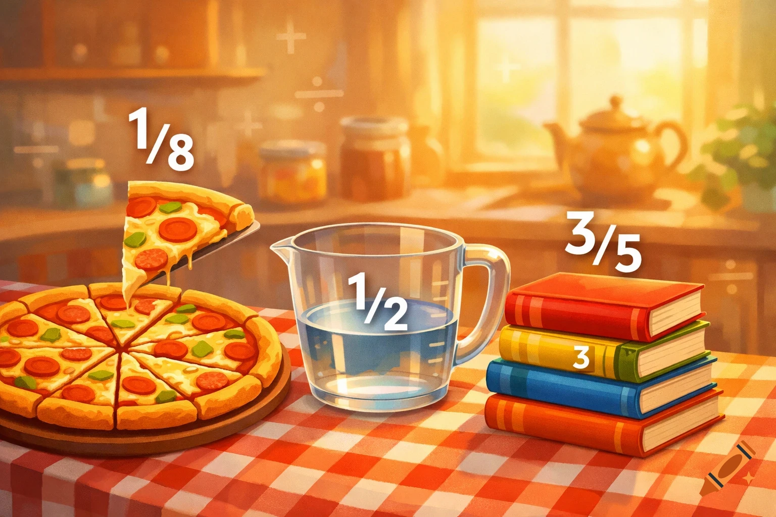 Illustrative kitchen scene depicting mathematical fractions with a pizza (1/8), water in a measuring cup (1/2), and books (3/5).