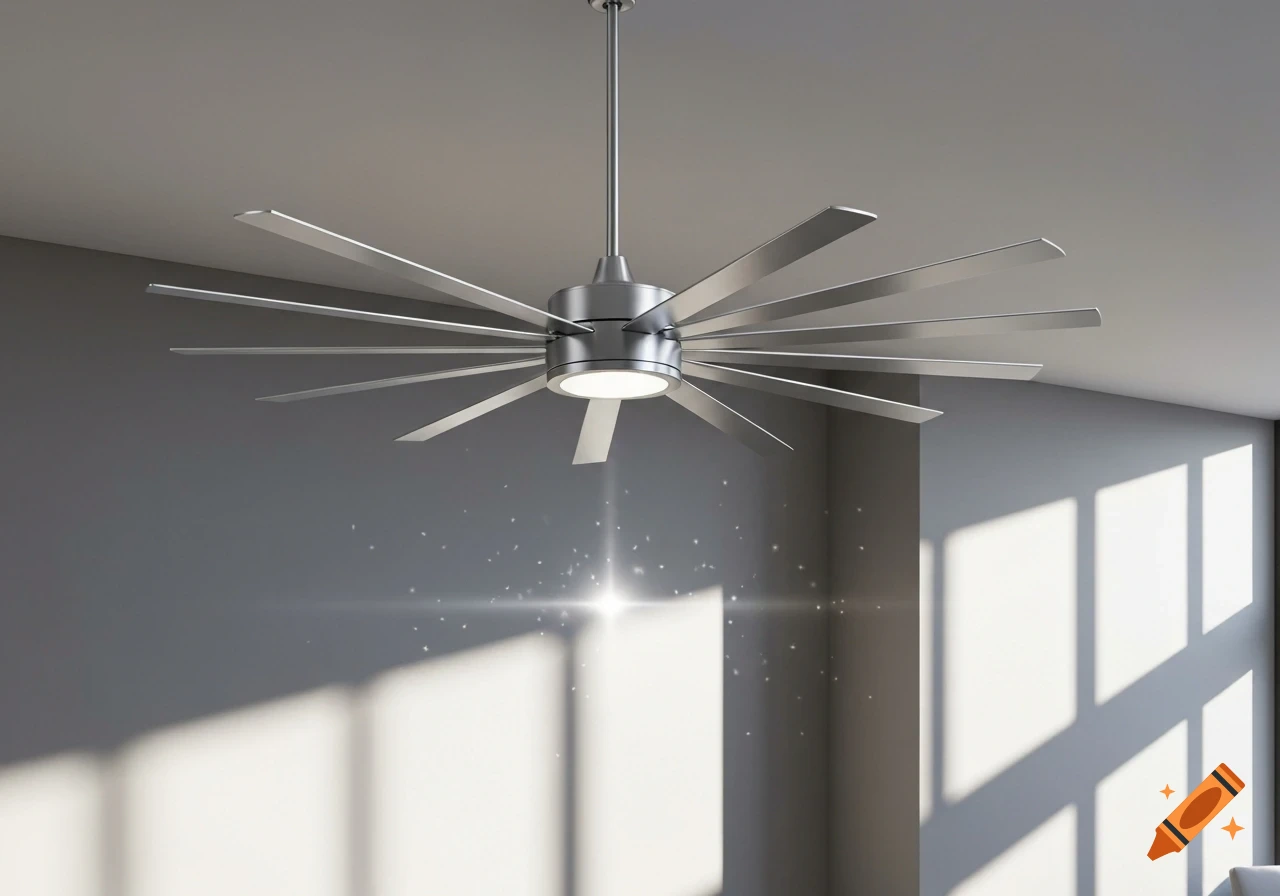 A modern silver ceiling fan with fourteen blades and a central light fixture, casting shadows on a gray wall.