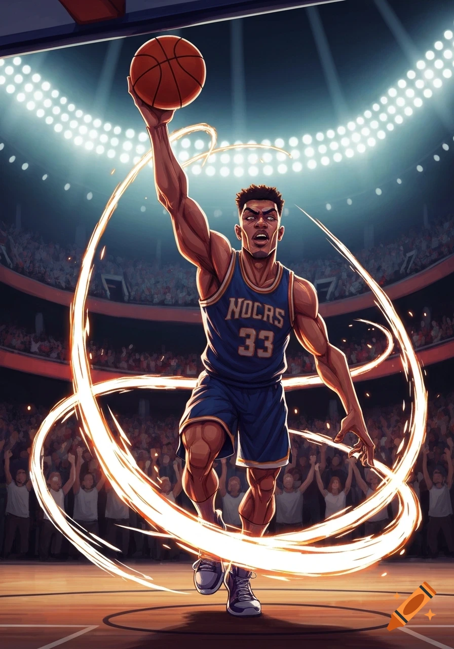 Cartoon basketball player in a blue jersey with 'NOCRS 33' jumping to dunk a basketball in a brightly lit stadium.