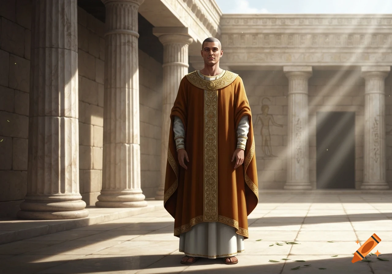 A man in an ornate orange and white robe stands in a sunlit classical temple with columns.