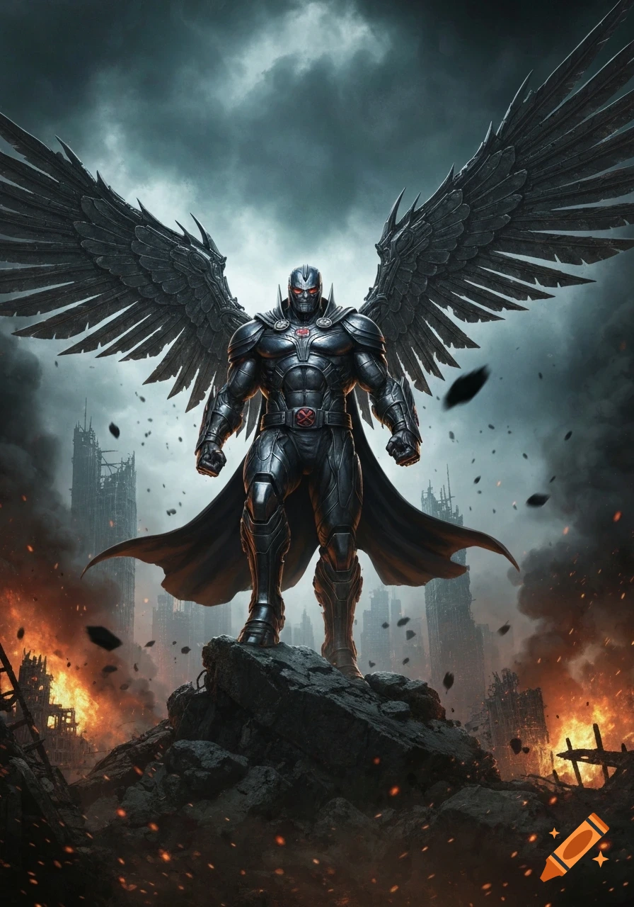 A powerful, dark winged figure in metallic armor, resembling Apocalypse, stands on rubble in a ruined, fiery city under a stormy sky.