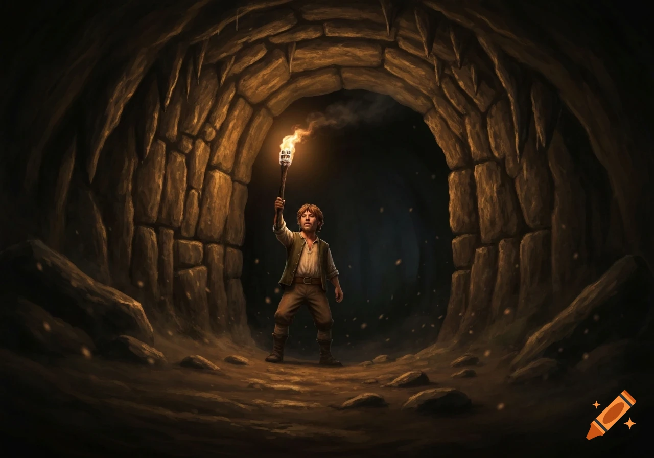 A small person holding a lit torch stands in a dark, rocky cave with an arched entrance, surrounded by faint glowing dust.
