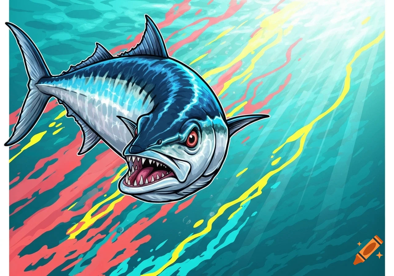 An angry illustrative wahoo fish with sharp teeth swims in vibrant blue-green underwater with sun rays and colorful streaks.