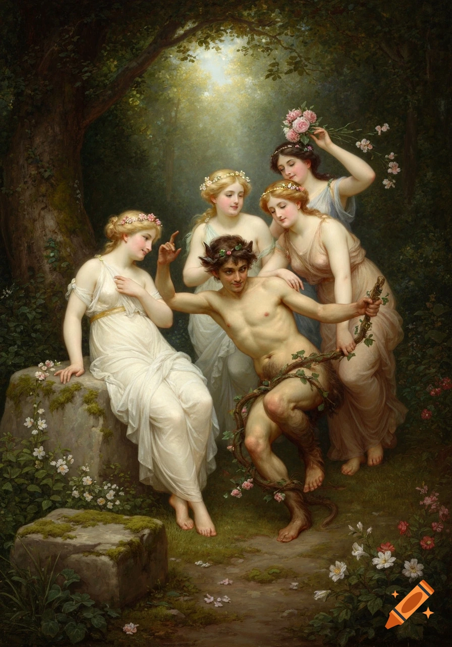 A classical painting showing a satyr with goat legs and horns holding a vine, surrounded by four nymphs in a lush forest with dappled sunlight.