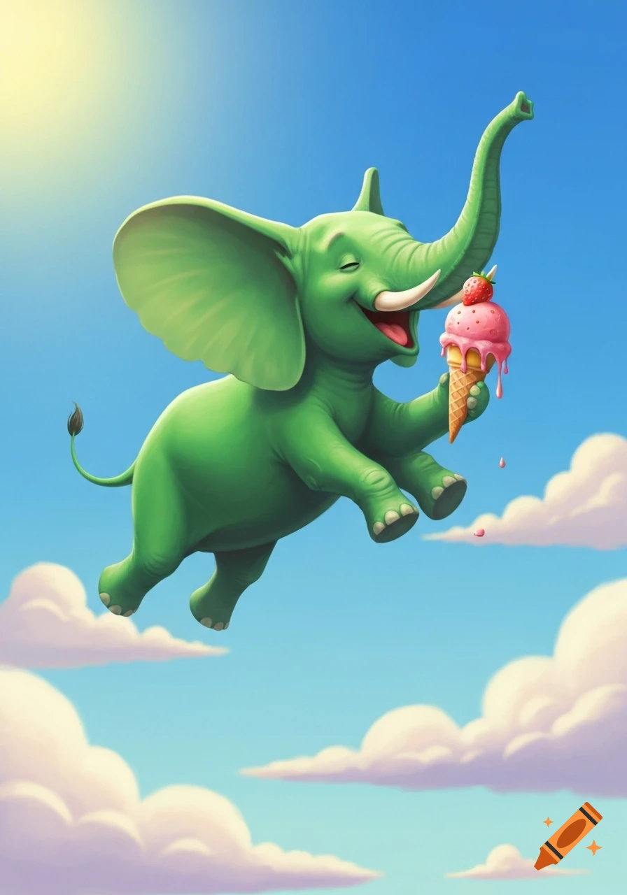 A happy cartoon green elephant flies in a bright blue sky, holding a melting strawberry ice cream cone.