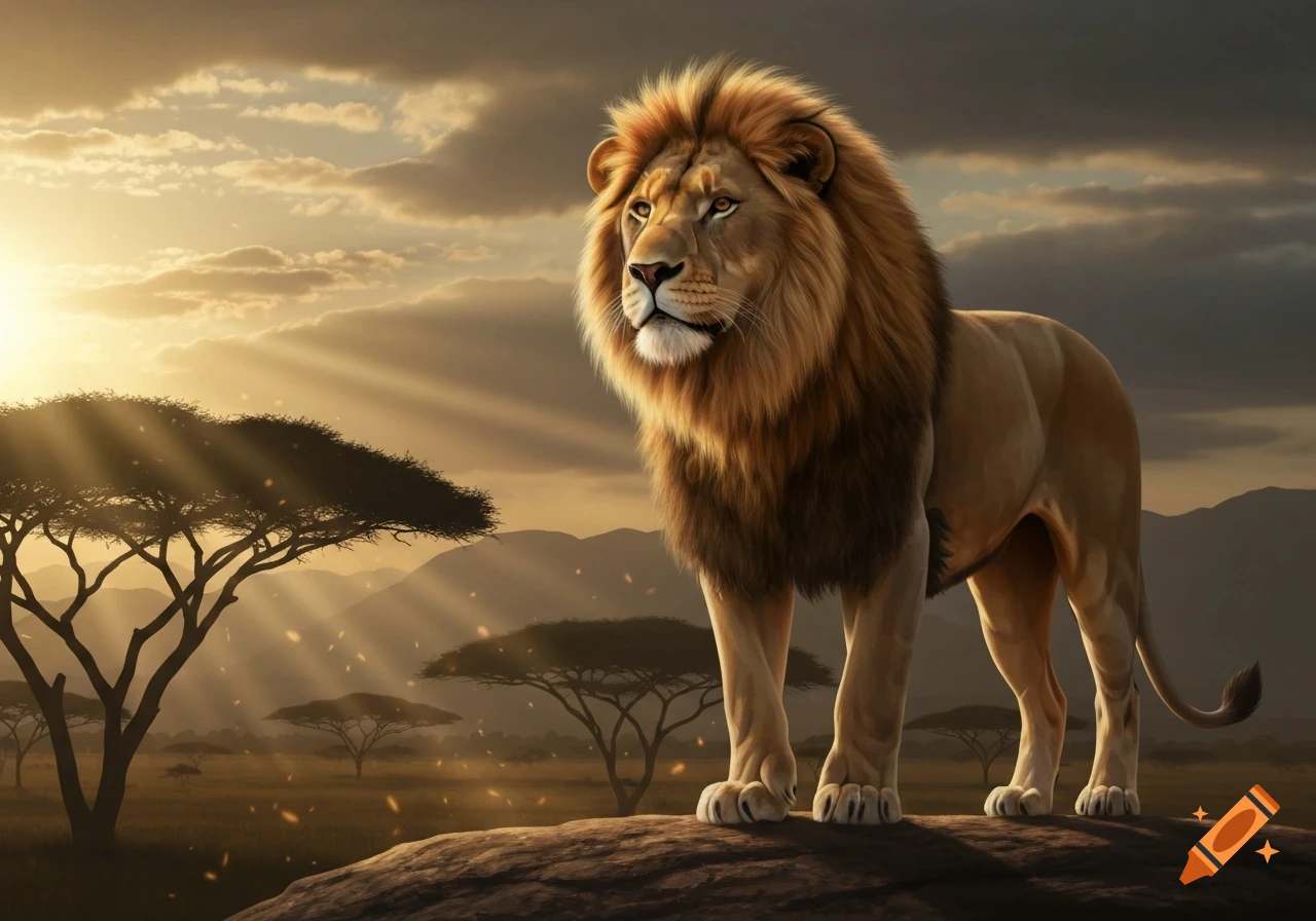 A male lion stands on a rock in a golden savanna at sunset, with sun rays through clouds.