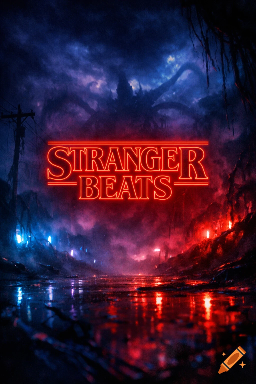 Neon red 'Stranger Beats' text over a dark, mysterious landscape with blue and red lights, reflecting a retro 80s vibe.