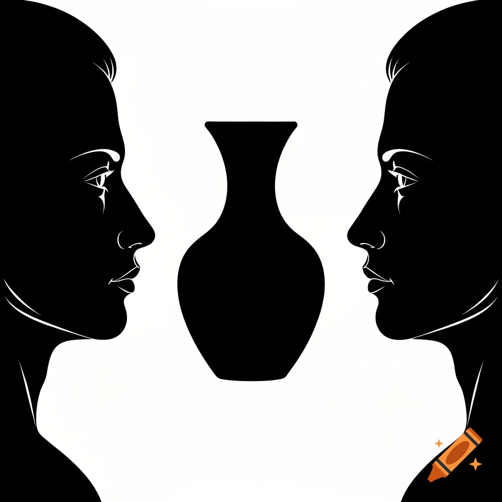 Black and white optical illusion with two human face profiles facing each other, creating a vase in the negative space.