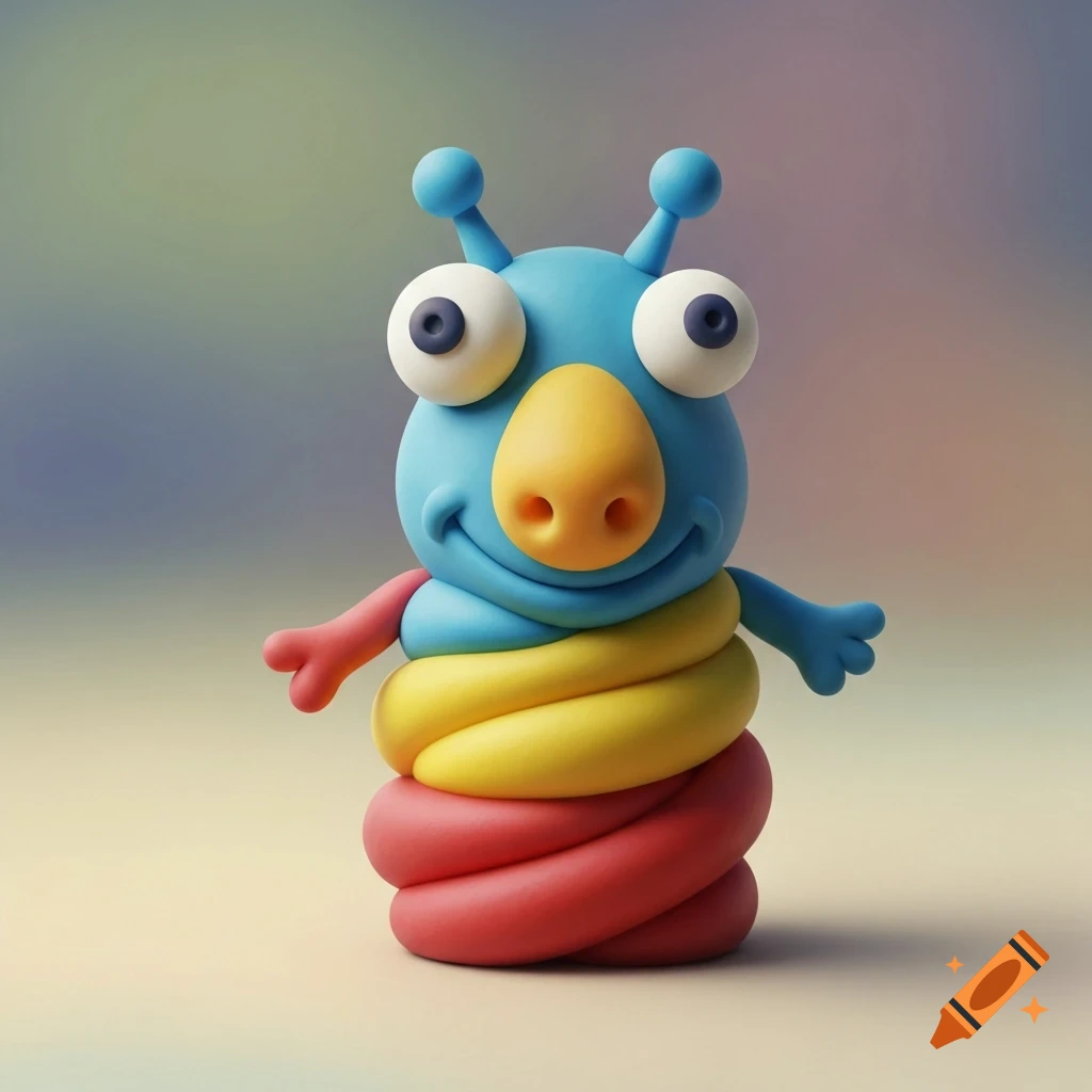 A cute, blue, yellow, and red play-doh creature with large eyes, a yellow nose, and antennae, smiling.
