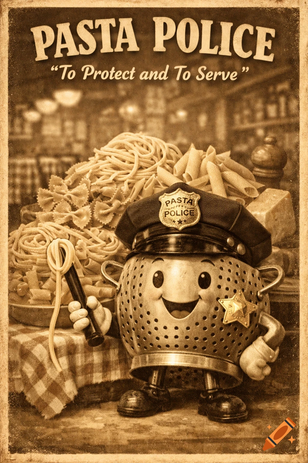 Vintage sepia poster of a smiling colander police officer holding pasta amidst piles of pasta, with 'PASTA POLICE' text.