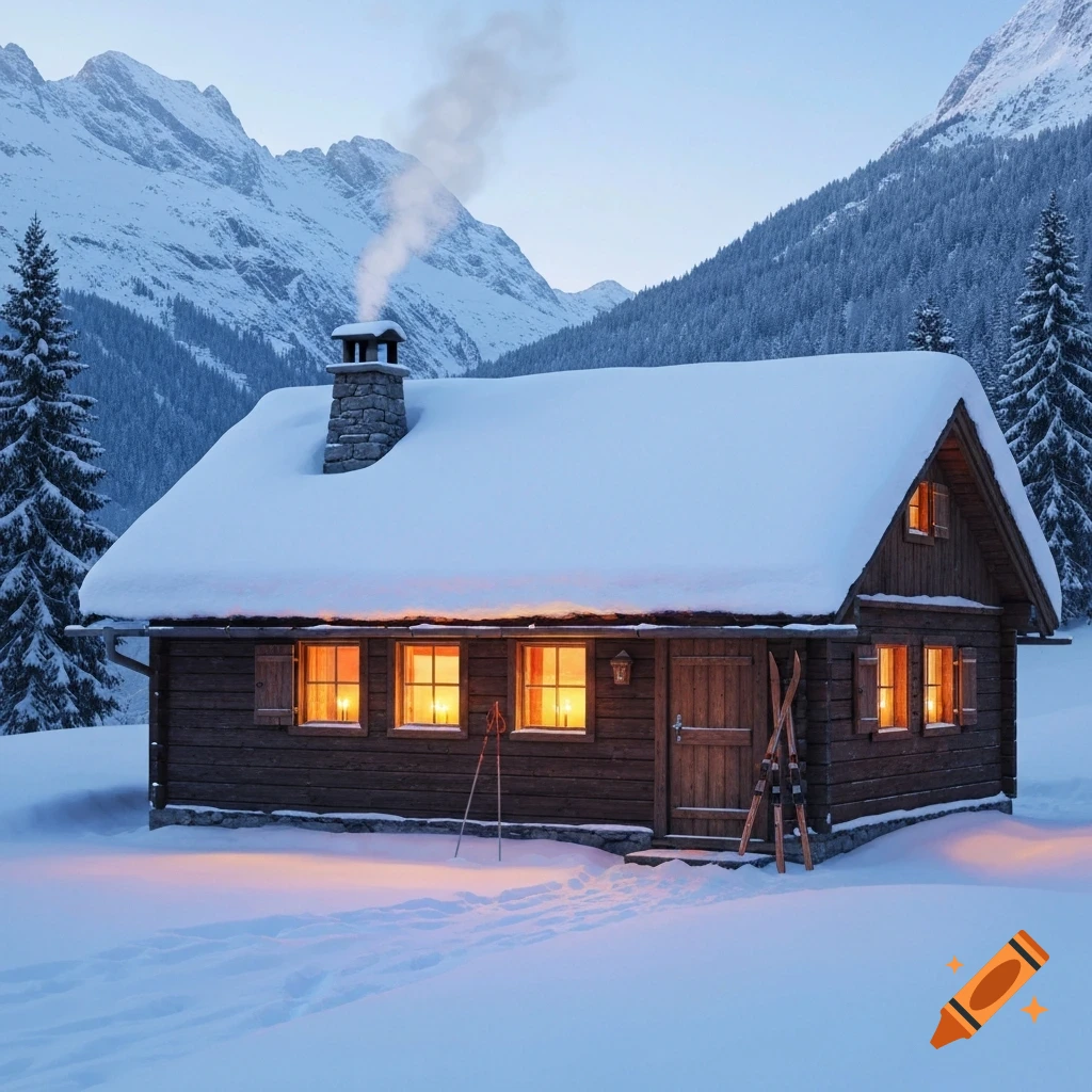 A cozy wooden cabin with a snow-covered roof, warm light from its windows, and smoke from the chimney, set in a snowy mountain landscape at dusk.