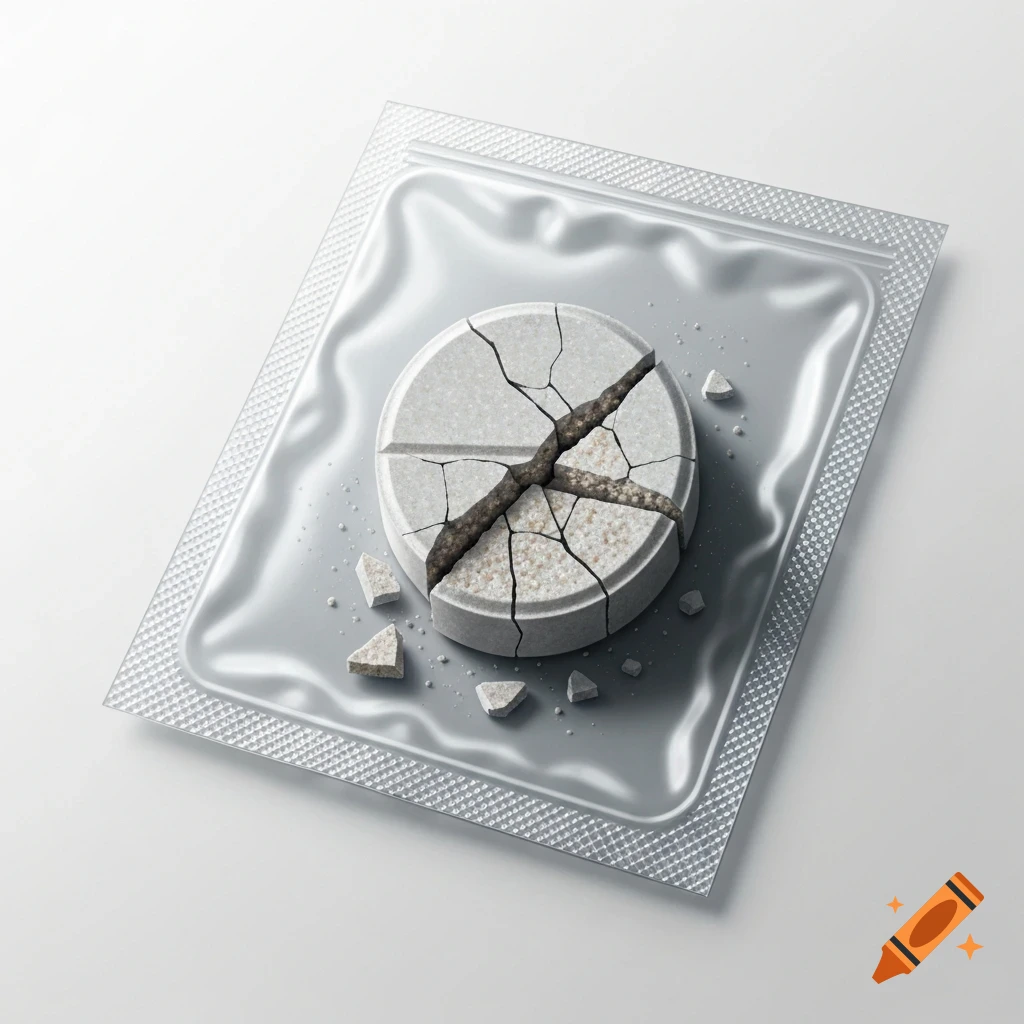 A broken white pill, split into pieces and crumbs, lying inside a translucent plastic unit-dose pouch.