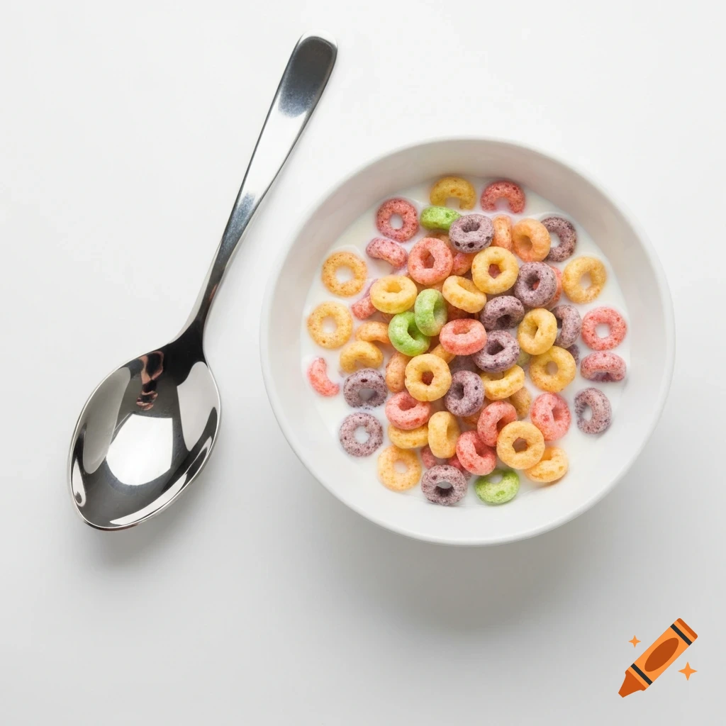 Overhead shot of a white bowl with colorful fruit loop cereal and milk, beside a large metal spoon on a white background.