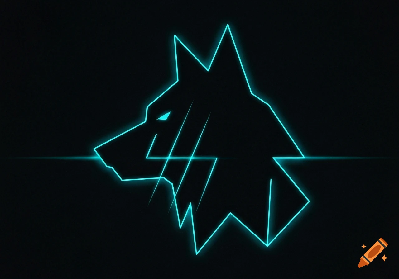 A stylized neon blue outline of a wolf's head with glowing eyes against a black background.