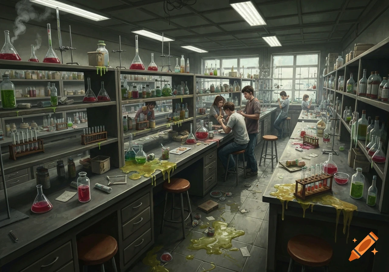 A messy chemistry lab with students working amidst spilled liquids and disorganized shelves.