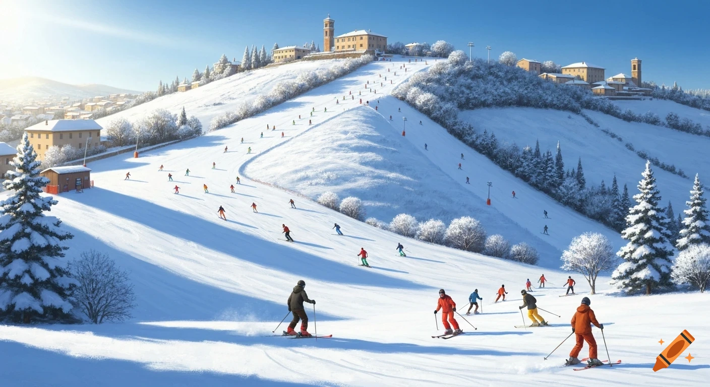Skiers descend a sunny, snow-covered mountain slope with a village and bell tower visible on the hills above, surrounded by snow-dusted trees.