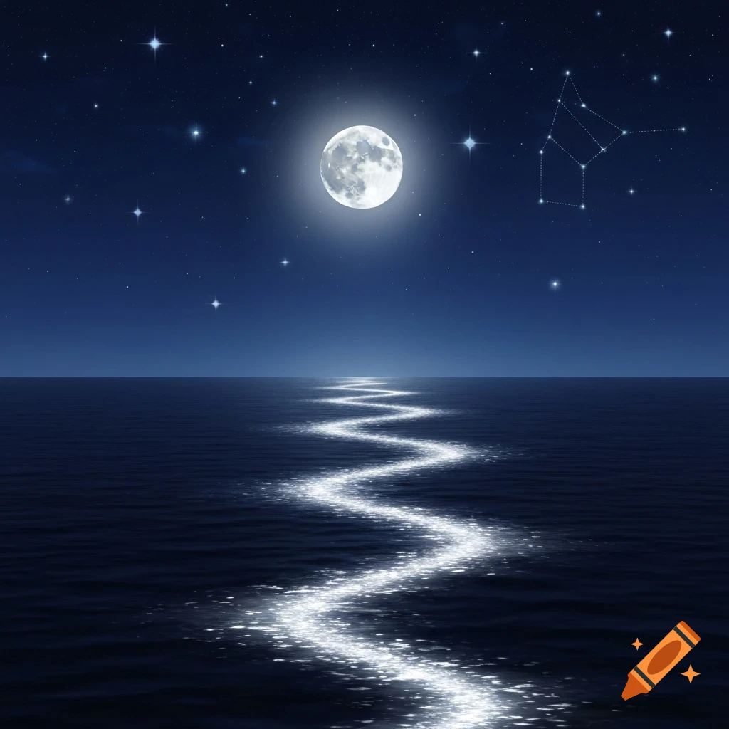 A bright full moon shines over a dark ocean, reflecting a wavy path of light. Stars and a constellation dot the deep blue night sky.