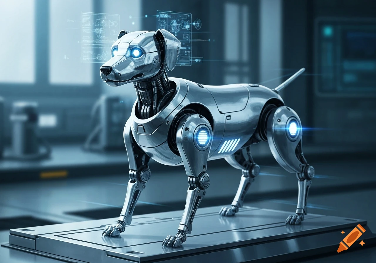 A photorealistic robot dog with glowing blue eyes and chest lights stands on a platform in a futuristic setting, with holographic data displays.