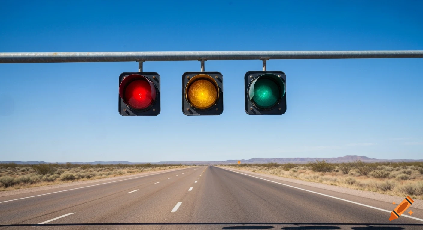 Red, yellow, and green traffic lights over a long desert road stretching to the horizon under a clear blue sky. Photorealistic.