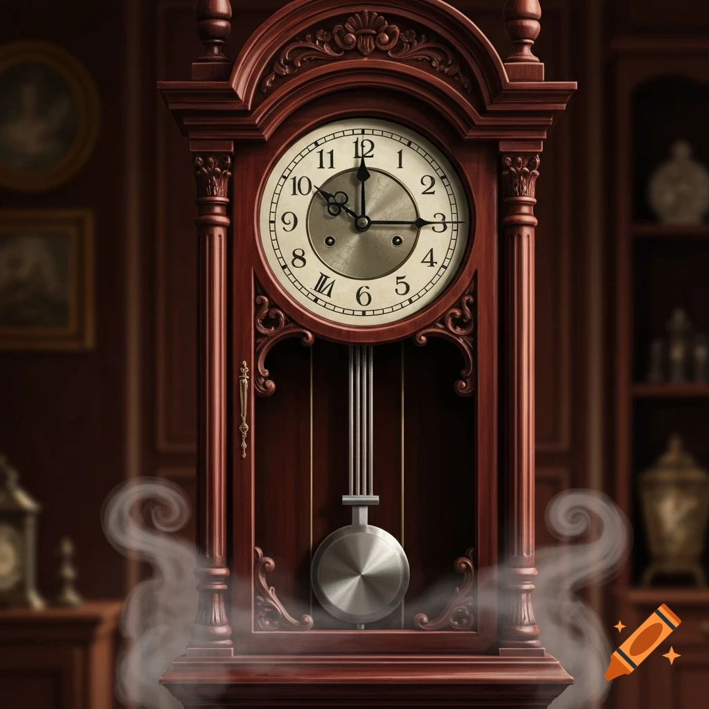 A detailed, ornate wooden grandfather clock with a white face, black hands, and a silver pendulum, with wisps of smoke at its base in an elegant, dimly lit room.