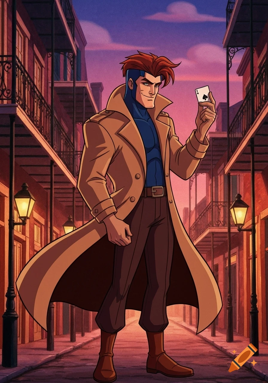 Gambit, a Marvel superhero, stands on a New Orleans street at dusk, holding an ace of spades. Rendered in 90s Disney animation style.
