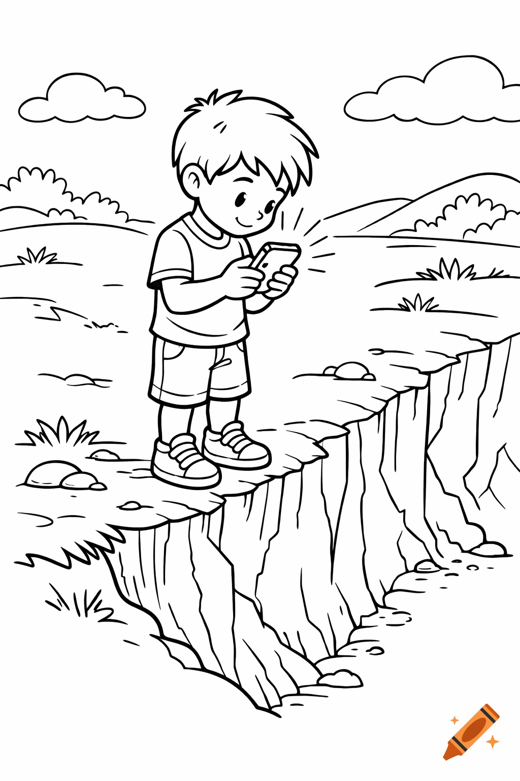 Black and white cartoon illustration of a boy engrossed in his phone, standing dangerously close to a cliff edge.
