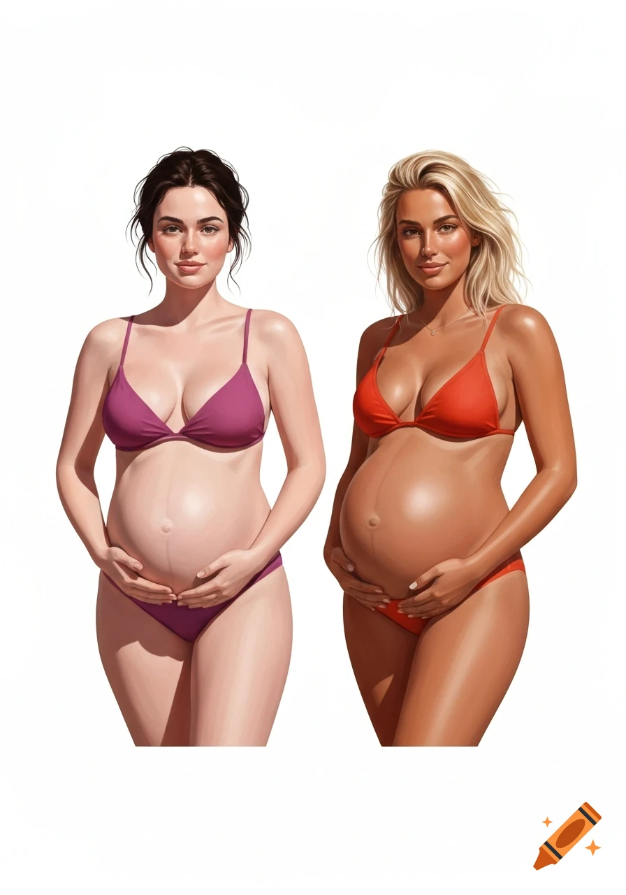 Digital illustration of two pregnant women in swimsuits, one brunette with light skin, one blonde with tan skin, against a white background.