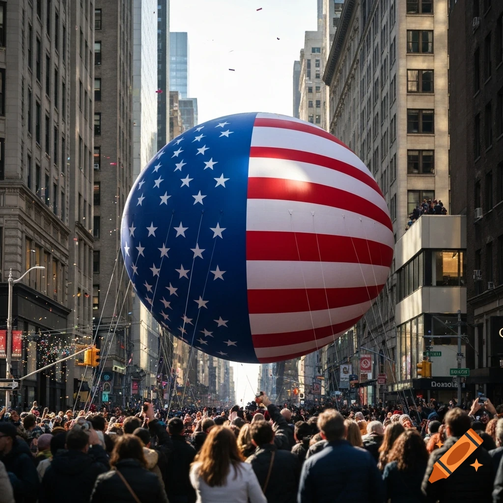 A massive, spherical American flag balloon floats above a dense crowd watching a parade in a city street lined with tall buildings under a bright sky.