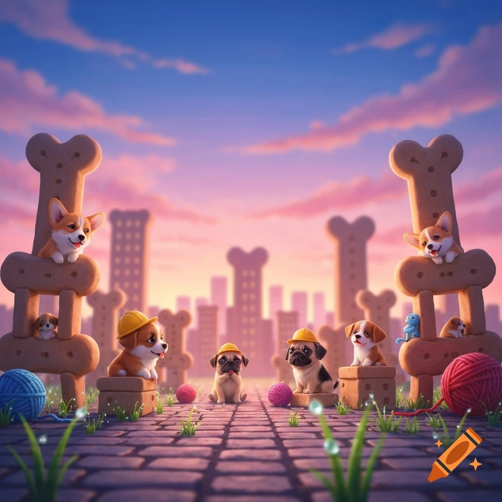 Cartoon puppies, some in hard hats, in a whimsical bone city at daybreak with yarn and dewy grass.