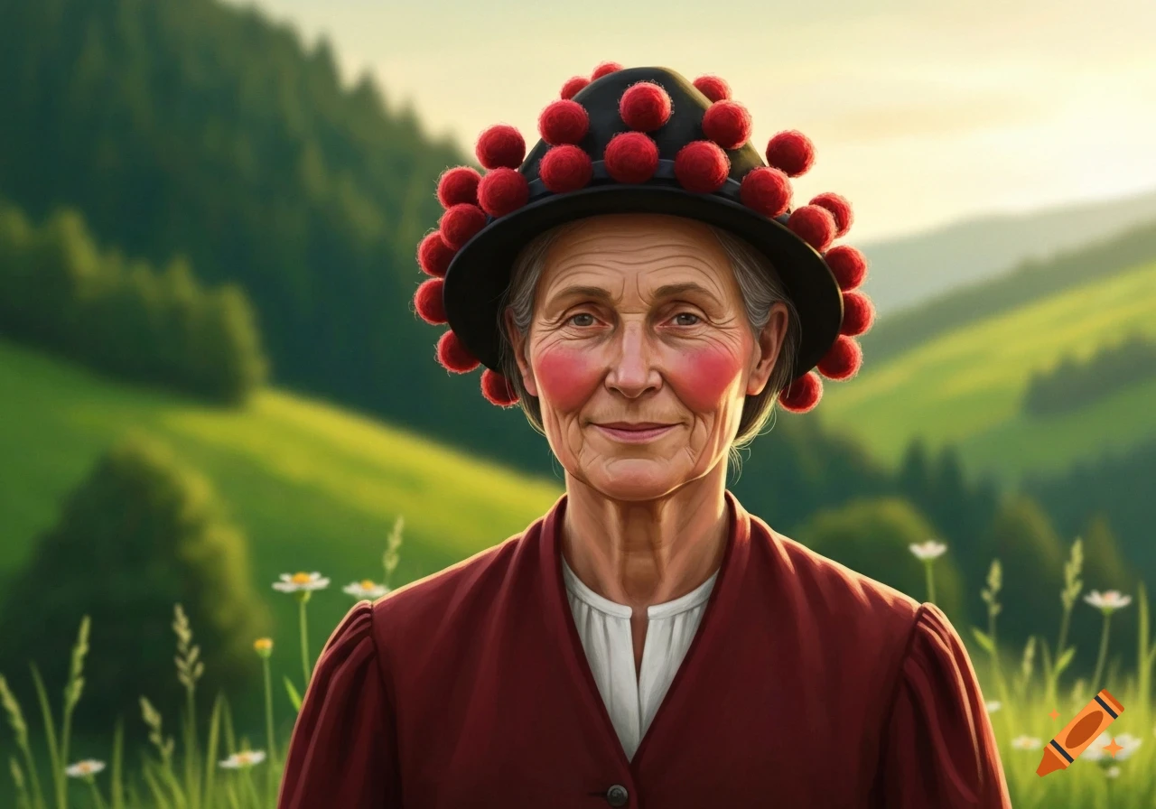 A smiling elderly woman in a traditional Bollenhut hat and red top, standing in a sunny green meadow.