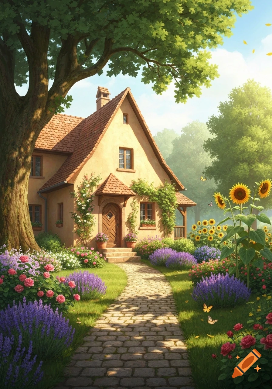 An idyllic cottage house with a red tile roof and a stone path leading through a lush garden filled with blooming roses, lavender, and sunflowers under a large tree.
