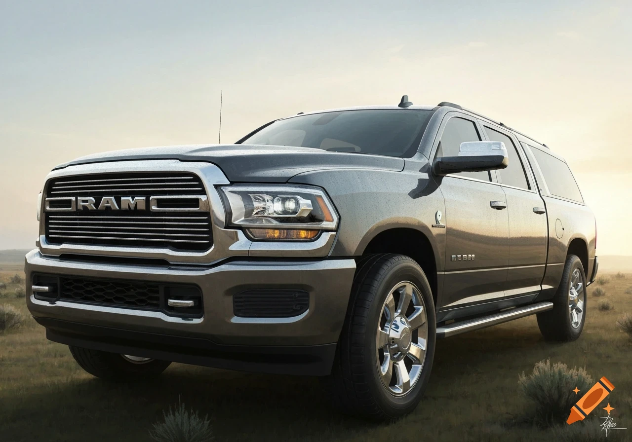 A dark grey Ram 3500 SUV, like a Chevrolet Suburban, with Ram styling, sits in a dry, grassy field under a pale sky.