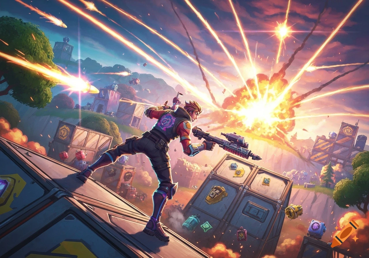 A stylized character with a futuristic weapon in a dynamic battle scene with explosions and flying projectiles, in the style of Fortnite.