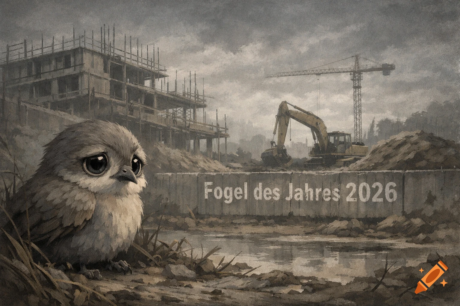 A sad, fluffy bird with big eyes sits in front of a construction site with a building, excavator, and crane under a grey sky. Text reads 'Fogel des Jahres 2026'.