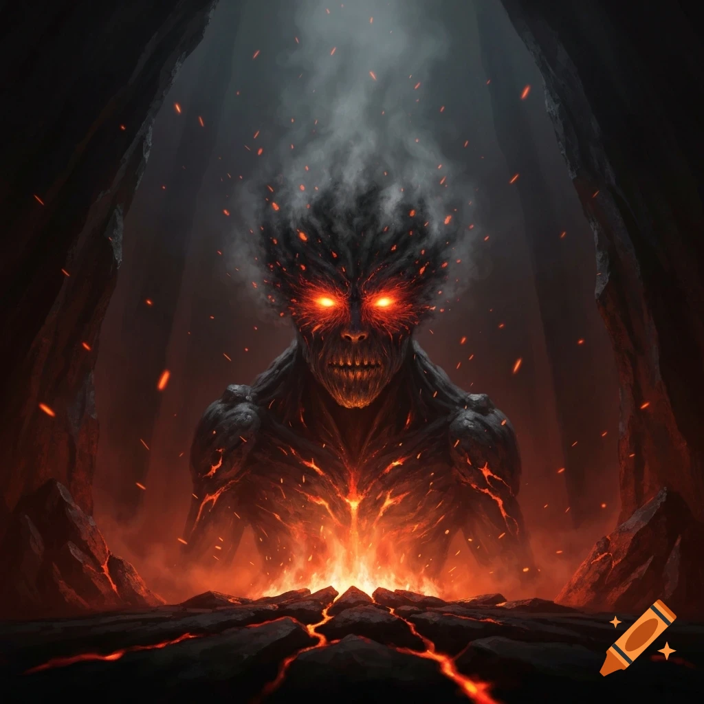 A monstrous creature with glowing red eyes and a menacing grin emerges ...