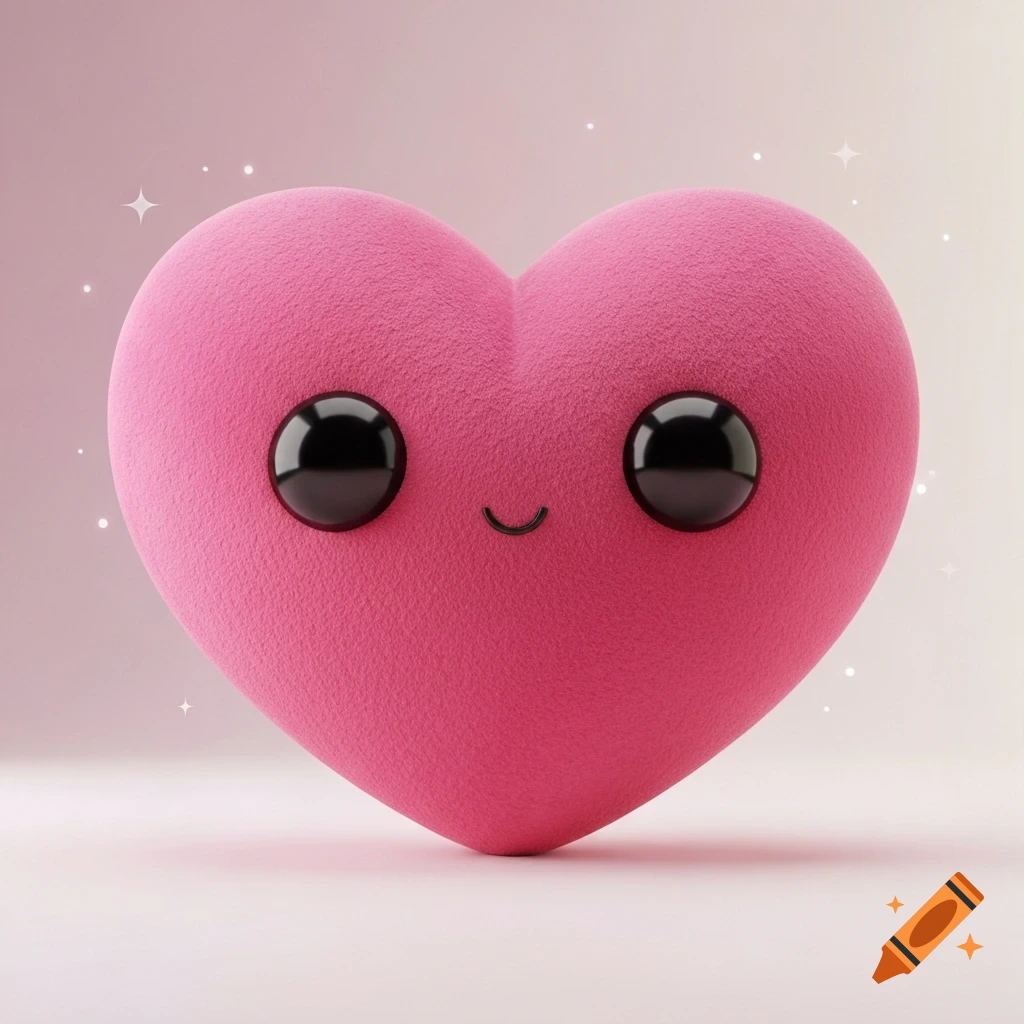 A fluffy pink 3D rendered heart with big black eyes and a small smile, against a soft gradient background with subtle sparkles.