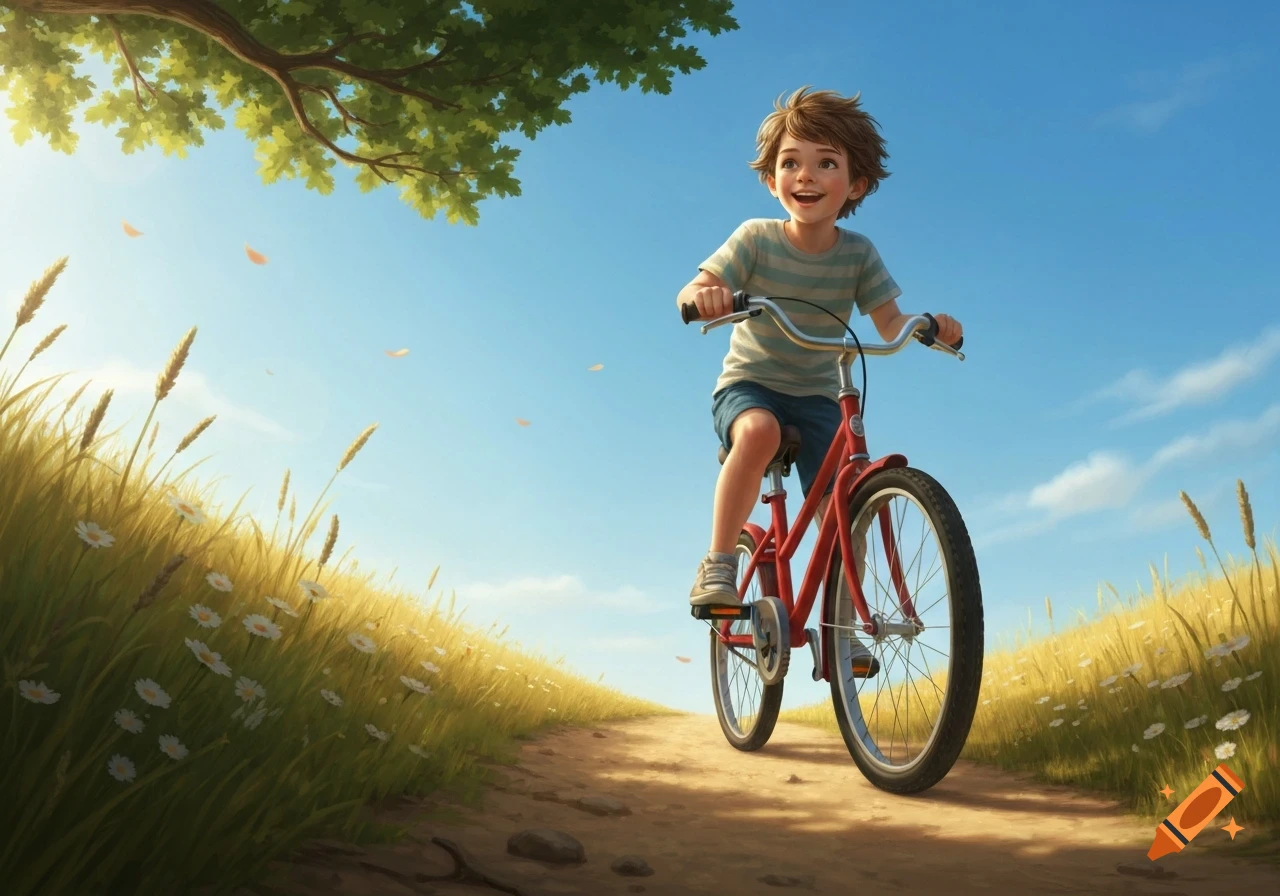 A young boy rides a red bicycle along a dirt path through a sunny field of tall grass and wildflowers under a blue sky.
