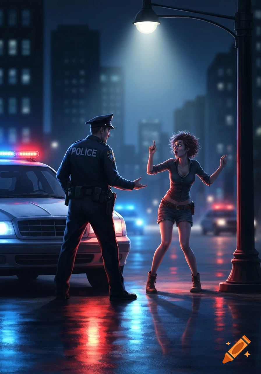 A police officer confronts a woman under a street light on a wet city street at night, with police car lights reflecting, in a digital illustration.