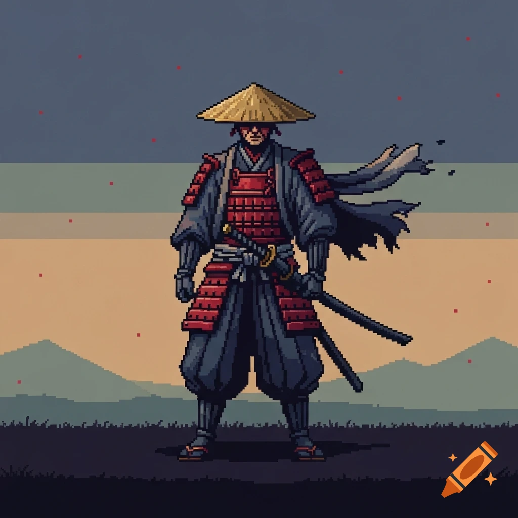 A pixel art ronin samurai in red and dark armor stands with two swords in a stylized landscape under a muted sky.