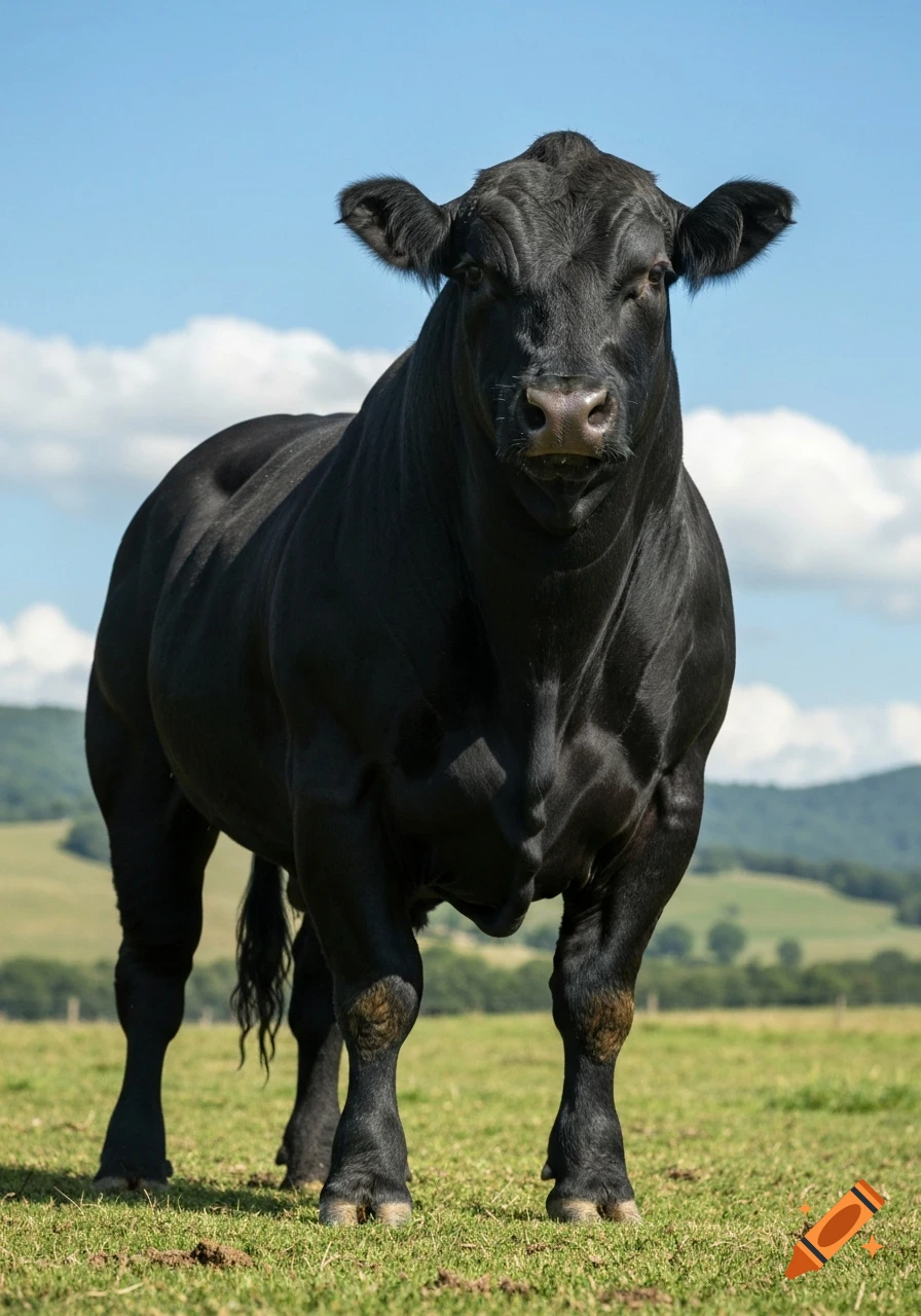 Photorealistic portrait of a muscular black Angus bull standing in a green field under a blue sky.