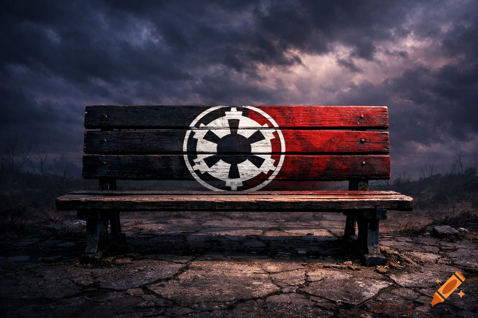 A rustic wooden bench painted with the black and red Galactic Empire symbol, set against a dark, stormy sky and cracked ground.
