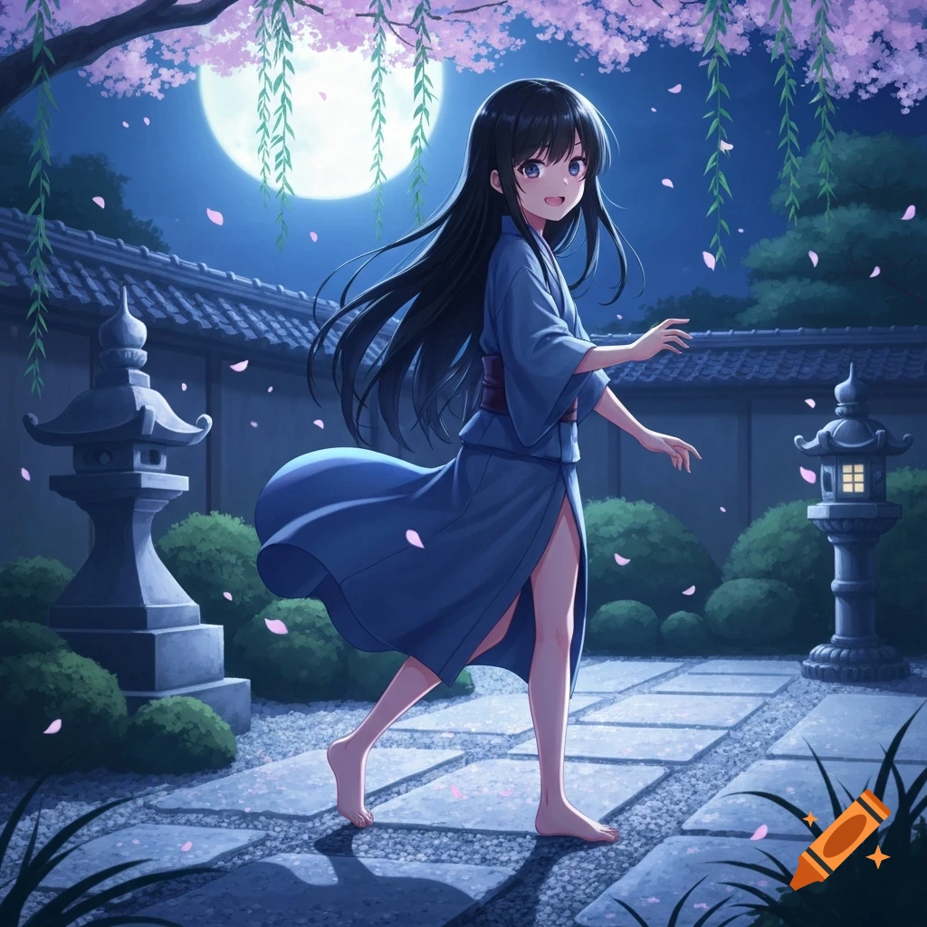 Anime girl with dark hair walks barefoot through a moonlit Japanese garden with cherry blossoms.