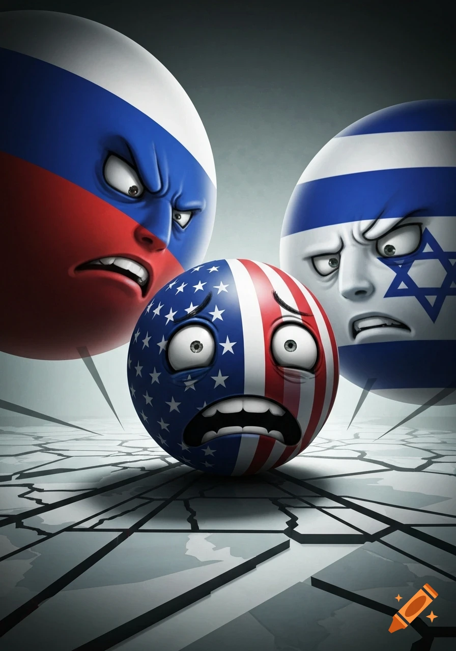 An American flag globe looks scared between angry Russian and Israeli flag globes on cracked ground in a political cartoon style.