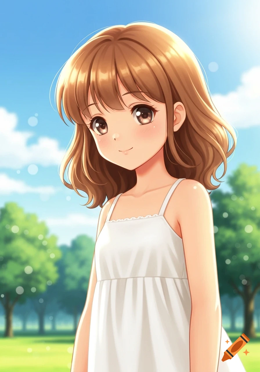 Moe anime girl with brown hair in a white dress, standing in a sunny park with trees and a blue sky.