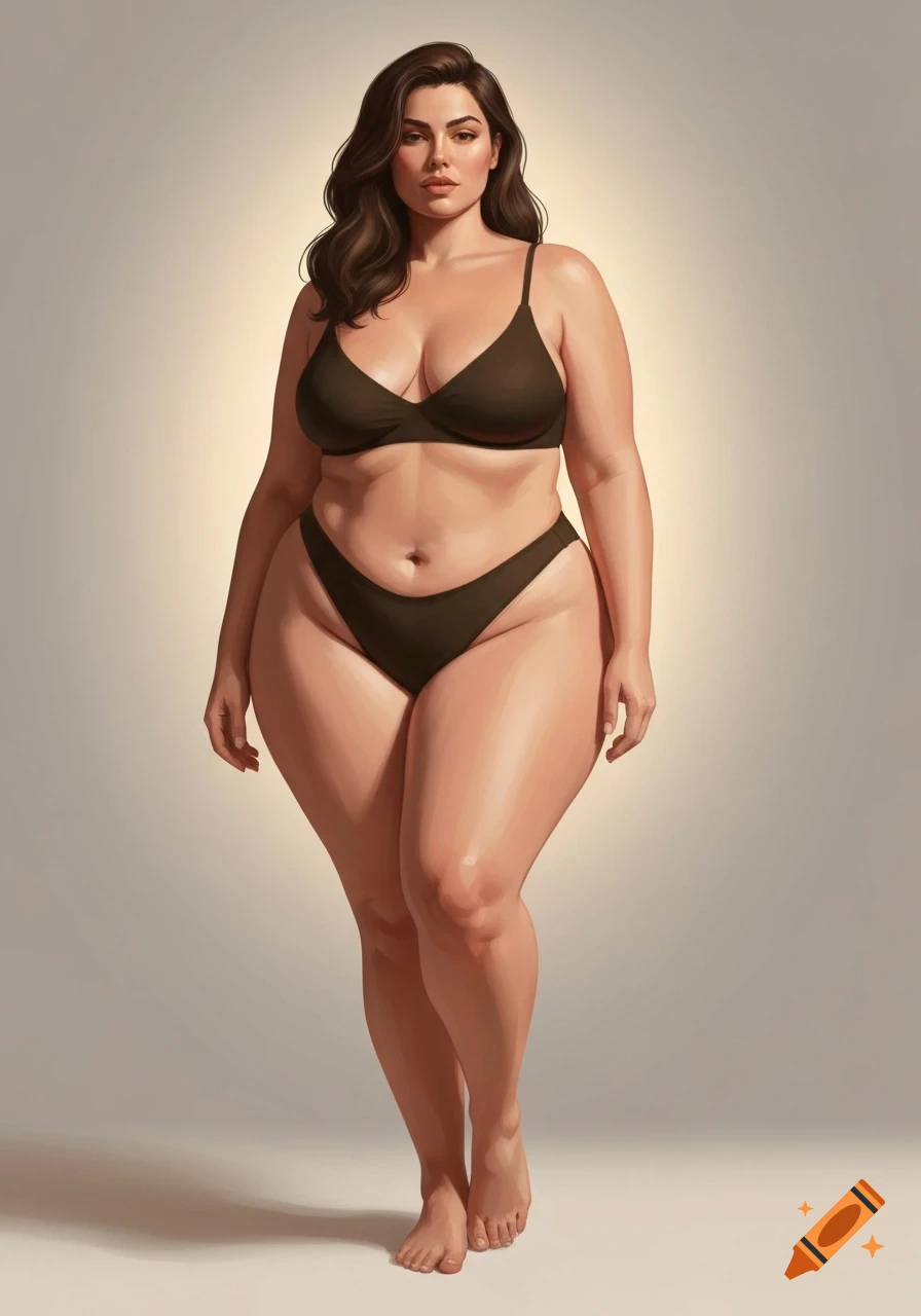 A beautiful, curvaceous woman with dark wavy hair stands in a black bra and underwear, rendered in a soft, illustrative style.