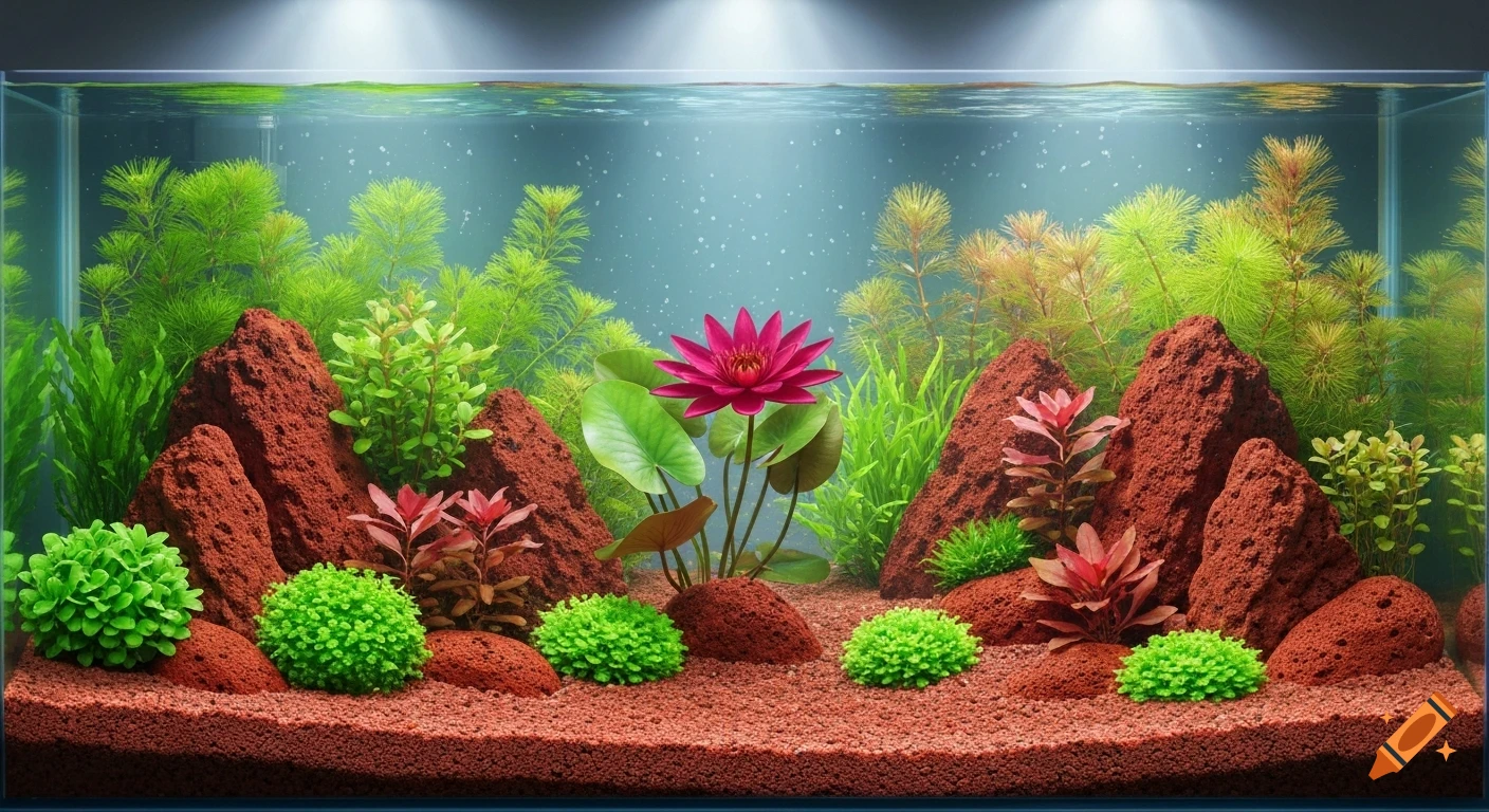 A vibrant aquascape featuring red lava rocks and various green plants, with a striking pink water lily as the centerpiece.