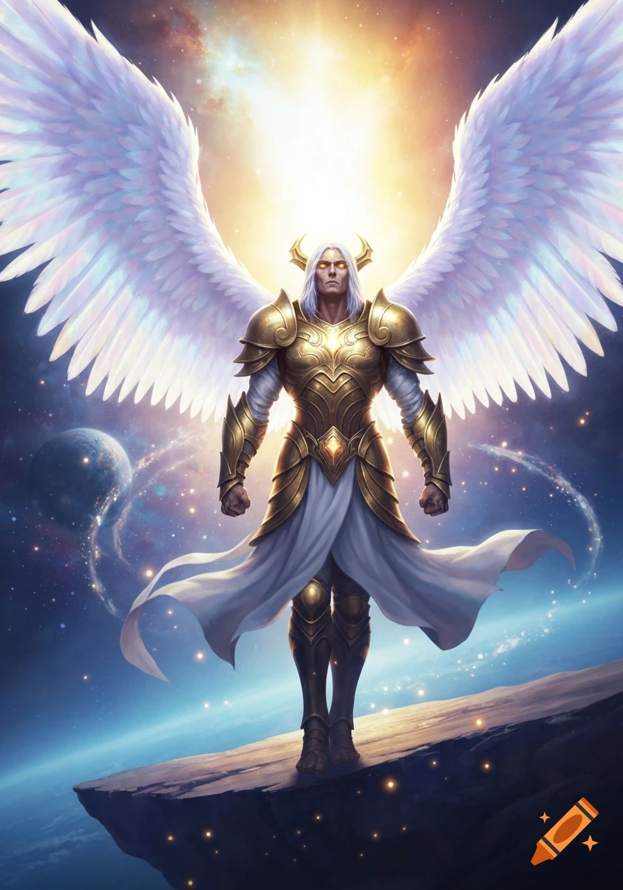 A majestic archangel in golden armor with large white wings stands on a cliff edge, illuminated by a bright celestial light in space.